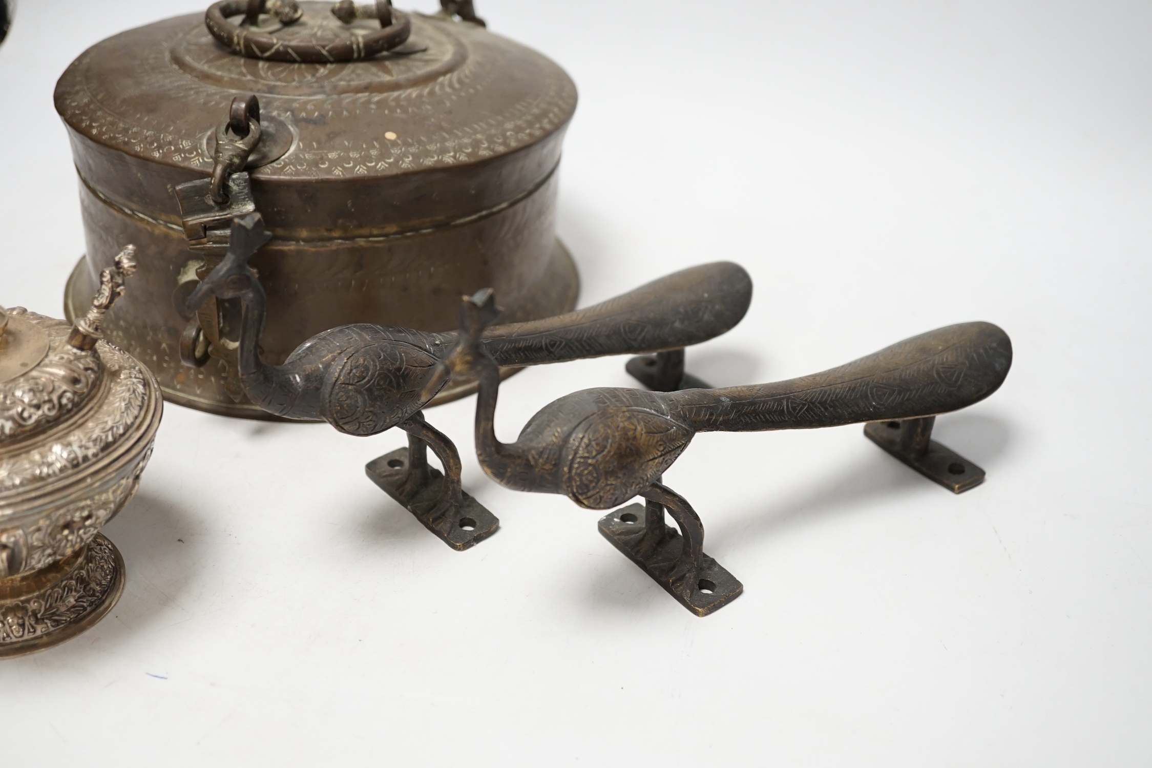 A hardwood stem hurricane lamp and assorted Indian brassware, lamp 71 cm high